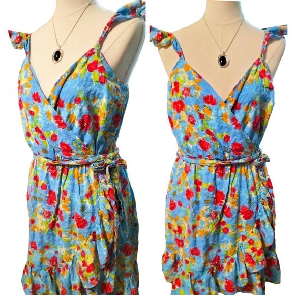 (863) Lauren Conrad Multicolor Floral Print Wrap Dress Ruffle Hem Size L - Picture 1 of 8